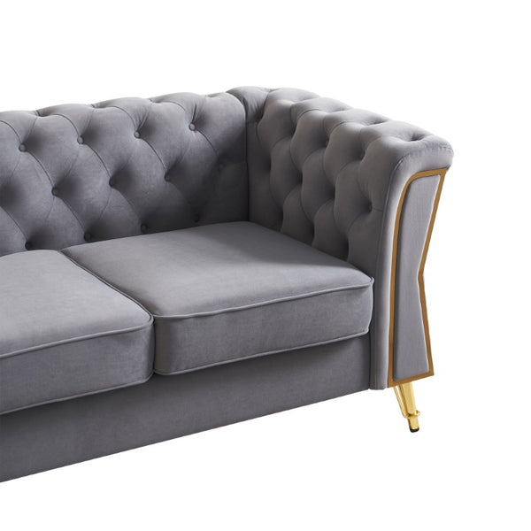 English Elm Modern Button Tufted Velvet Sofa with Gold Metal Arms for Glam Living Spaces Light Grey W579S00077