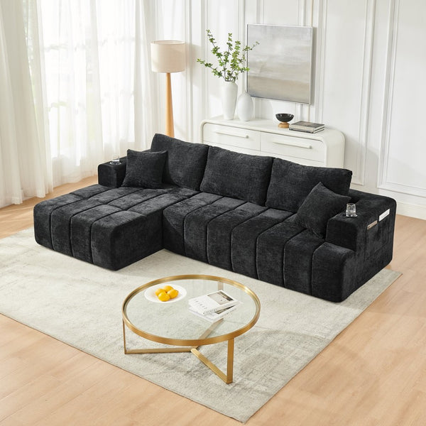 English Elm 108 Inch Cloud Sectional Chenille Sofa with Chaise Cup Holders and Pockets for Living Room W5802S00006