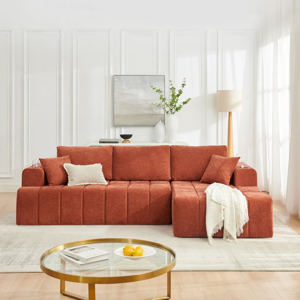 English Elm 108 Inch Cloud Sectional Chenille Couch with Chaise Cup Holders Pockets Living Room W5802S00007