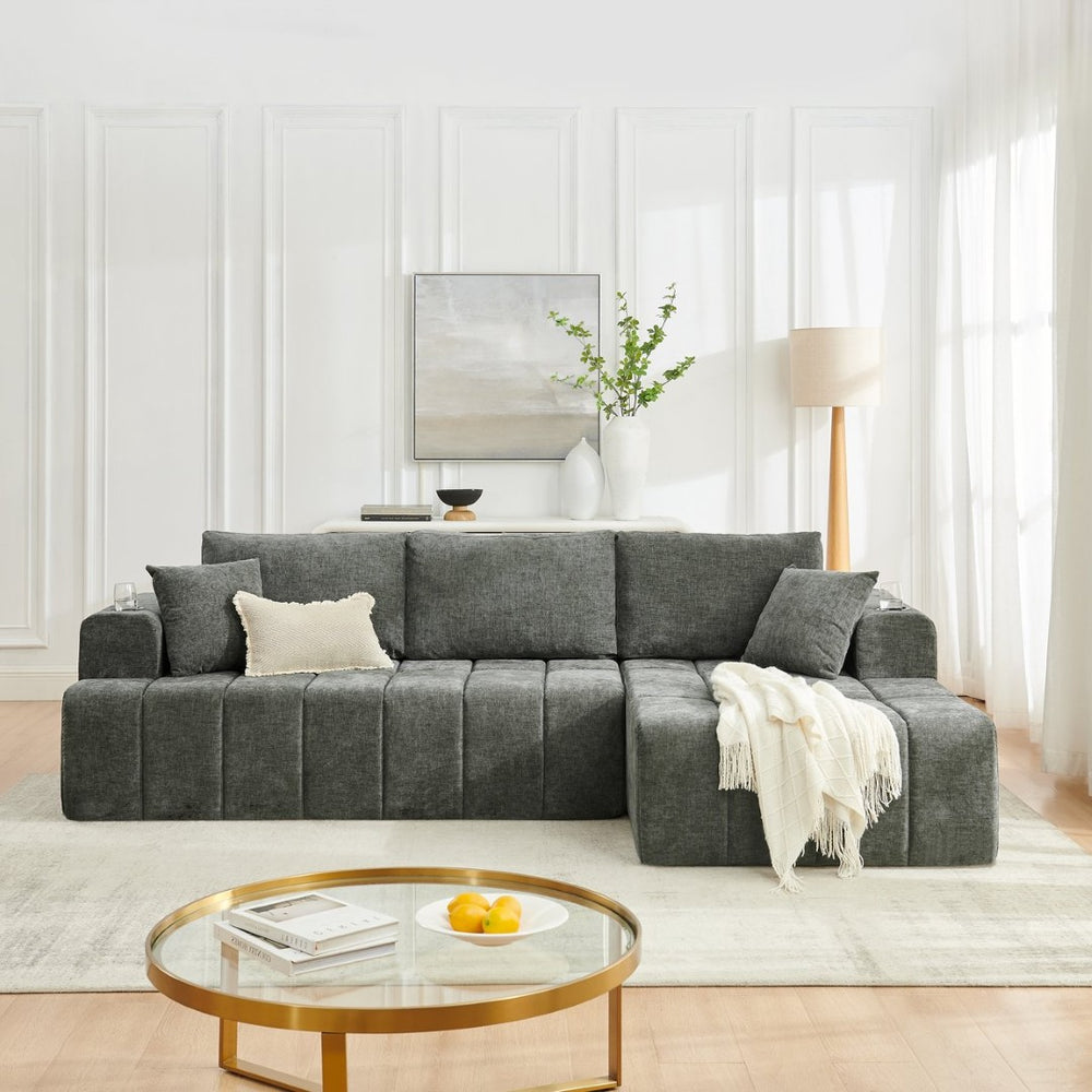 English Elm 108 Inch Cloud Sectional Sofa Chenille Modular L Shape with Chaise and Cup Holders W5802S00011