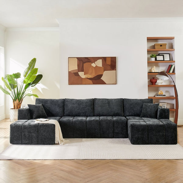 English Elm 132" U-shaped Chenille Cloud Sectional Plush Modular Lounge Sofa with Cup Holders Black W5802S00013