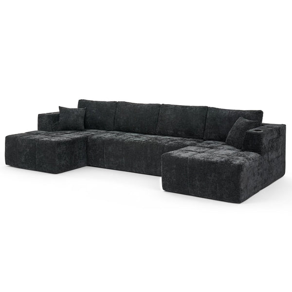 English Elm 132" U-shaped Chenille Cloud Sectional Plush Modular Lounge Sofa with Cup Holders Black W5802S00013