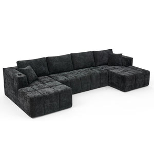 English Elm 132" U-shaped Chenille Cloud Sectional Plush Modular Lounge Sofa with Cup Holders Black W5802S00013