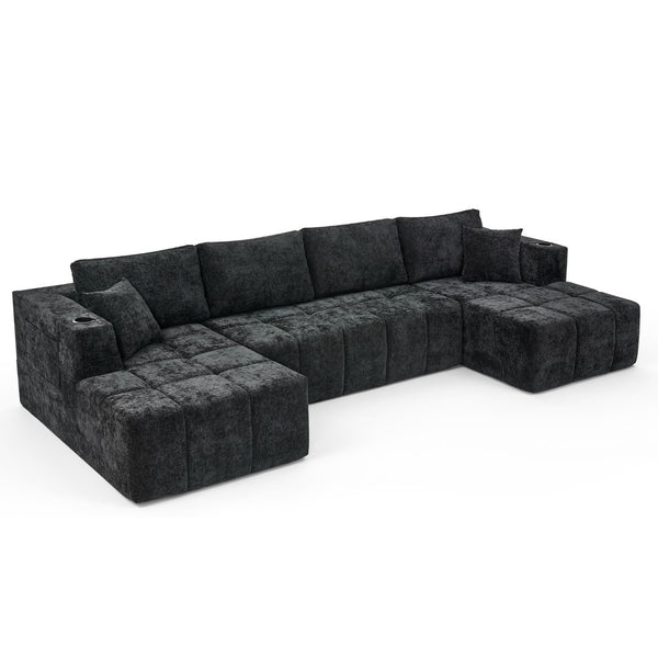 English Elm 132" U-shaped Chenille Cloud Sectional Plush Modular Lounge Sofa with Cup Holders Black W5802S00013