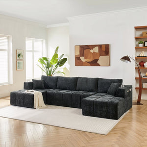 English Elm 132" U-shaped Chenille Cloud Sectional Plush Modular Lounge Sofa with Cup Holders Black W5802S00013