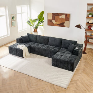 English Elm 132" U-shaped Chenille Cloud Sectional Plush Modular Lounge Sofa with Cup Holders Black W5802S00013