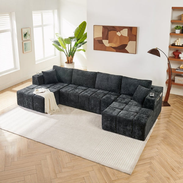 English Elm 132" U-shaped Chenille Cloud Sectional Plush Modular Lounge Sofa with Cup Holders Black W5802S00013