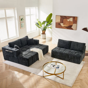 English Elm 132" U-shaped Chenille Cloud Sectional Plush Modular Lounge Sofa with Cup Holders Black W5802S00013