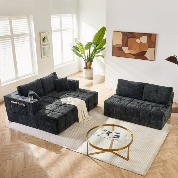 English Elm 132" U-shaped Chenille Cloud Sectional Plush Modular Lounge Sofa with Cup Holders Black W5802S00013