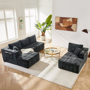English Elm 132" U-shaped Chenille Cloud Sectional Plush Modular Lounge Sofa with Cup Holders Black W5802S00013