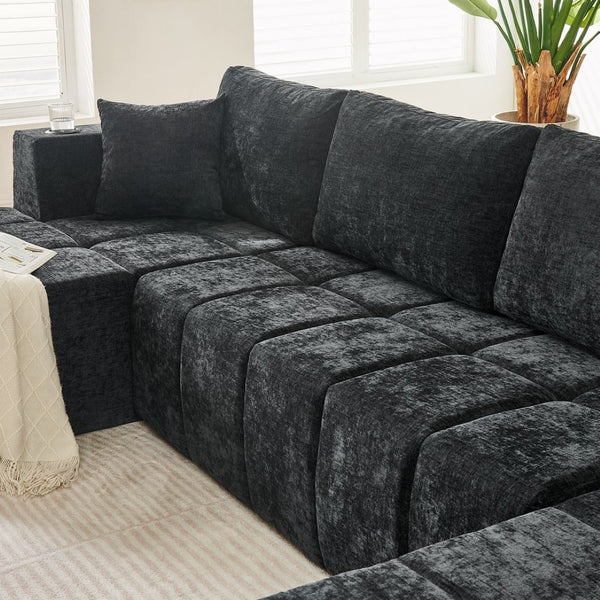 English Elm 132" U-shaped Chenille Cloud Sectional Plush Modular Lounge Sofa with Cup Holders Black W5802S00013