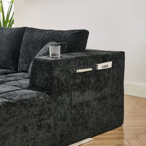 English Elm 132" U-shaped Chenille Cloud Sectional Plush Modular Lounge Sofa with Cup Holders Black W5802S00013