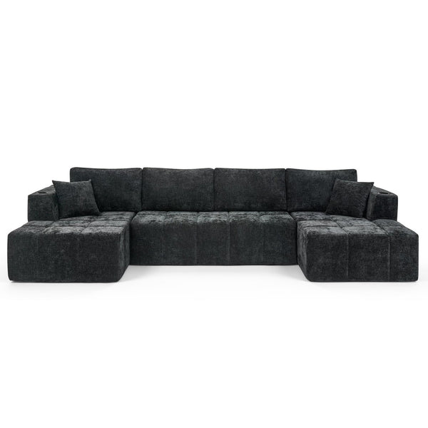 English Elm 132" U-shaped Chenille Cloud Sectional Plush Modular Lounge Sofa with Cup Holders Black W5802S00013