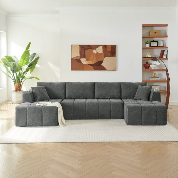 English Elm 132" U-shaped Chenille Cloud Sectional Plush Modular Lounge Sofa with Cup Holders Dark Grey W5802S00014