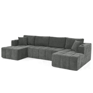 English Elm 132" U-shaped Chenille Cloud Sectional Plush Modular Lounge Sofa with Cup Holders Dark Grey W5802S00014