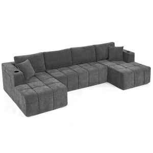 English Elm 132" U-shaped Chenille Cloud Sectional Plush Modular Lounge Sofa with Cup Holders Dark Grey W5802S00014