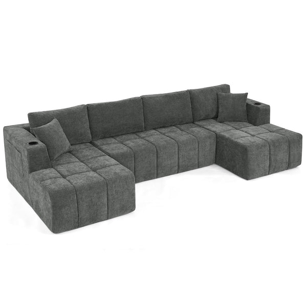 English Elm 132" U-shaped Chenille Cloud Sectional Plush Modular Lounge Sofa with Cup Holders Dark Grey W5802S00014