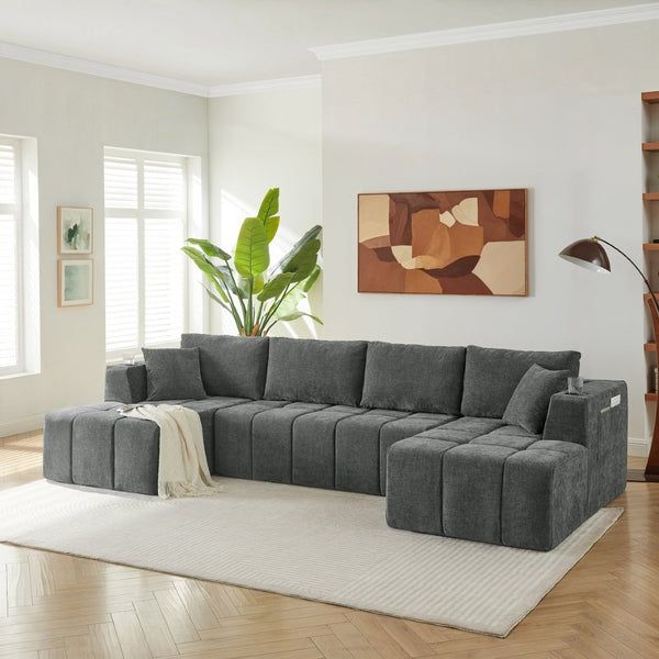 English Elm 132" U-shaped Chenille Cloud Sectional Plush Modular Lounge Sofa with Cup Holders Dark Grey W5802S00014