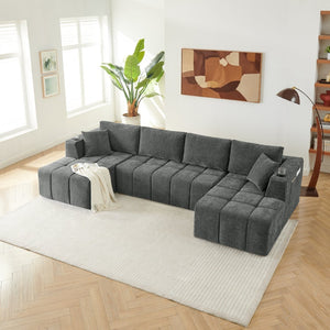 English Elm 132" U-shaped Chenille Cloud Sectional Plush Modular Lounge Sofa with Cup Holders Dark Grey W5802S00014