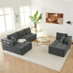 English Elm 132" U-shaped Chenille Cloud Sectional Plush Modular Lounge Sofa with Cup Holders Dark Grey W5802S00014