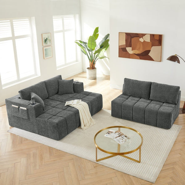 English Elm 132" U-shaped Chenille Cloud Sectional Plush Modular Lounge Sofa with Cup Holders Dark Grey W5802S00014