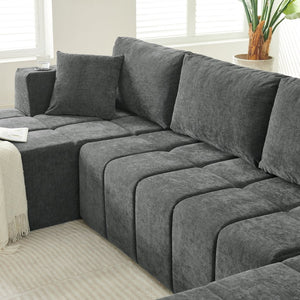 English Elm 132" U-shaped Chenille Cloud Sectional Plush Modular Lounge Sofa with Cup Holders Dark Grey W5802S00014