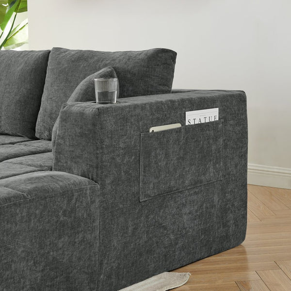English Elm 132" U-shaped Chenille Cloud Sectional Plush Modular Lounge Sofa with Cup Holders Dark Grey W5802S00014