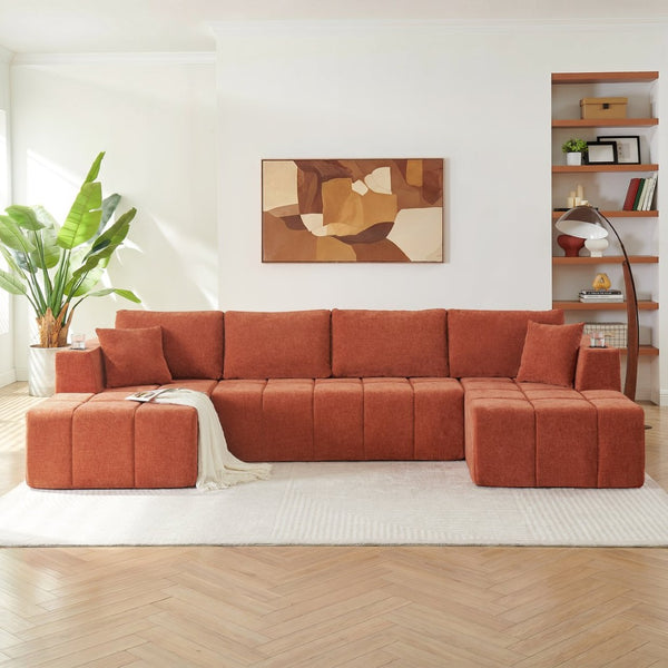 English Elm 132" U-shaped Chenille Cloud Sectional Plush Modular Lounge Sofa with Cup Holders Orange W5802S00015