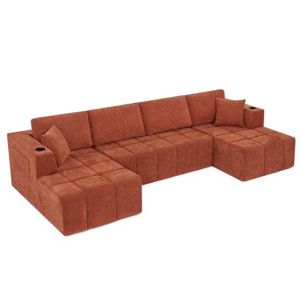 English Elm 132" U-shaped Chenille Cloud Sectional Plush Modular Lounge Sofa with Cup Holders Orange W5802S00015