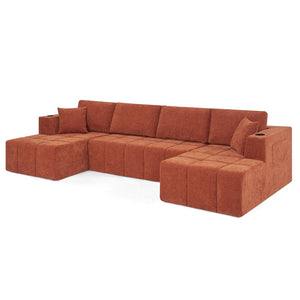English Elm 132" U-shaped Chenille Cloud Sectional Plush Modular Lounge Sofa with Cup Holders Orange W5802S00015