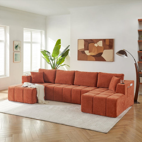 English Elm 132" U-shaped Chenille Cloud Sectional Plush Modular Lounge Sofa with Cup Holders Orange W5802S00015