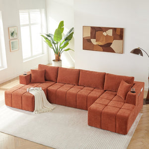 English Elm 132" U-shaped Chenille Cloud Sectional Plush Modular Lounge Sofa with Cup Holders Orange W5802S00015