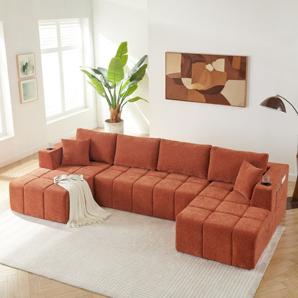 English Elm 132" U-shaped Chenille Cloud Sectional Plush Modular Lounge Sofa with Cup Holders Orange W5802S00015