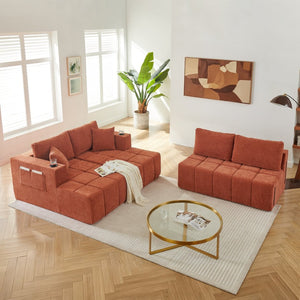 English Elm 132" U-shaped Chenille Cloud Sectional Plush Modular Lounge Sofa with Cup Holders Orange W5802S00015