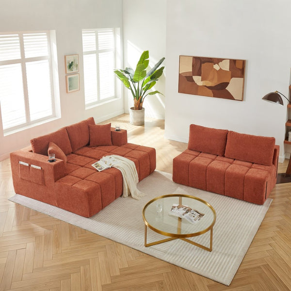 English Elm 132" U-shaped Chenille Cloud Sectional Plush Modular Lounge Sofa with Cup Holders Orange W5802S00015