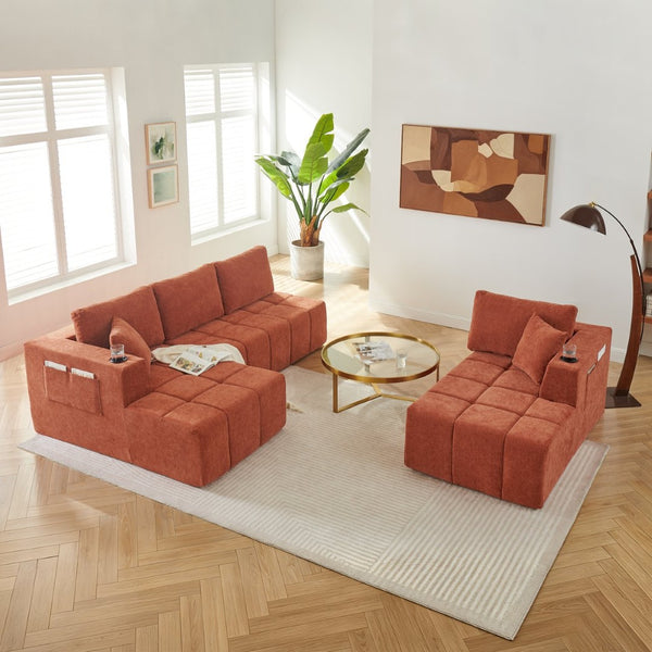English Elm 132" U-shaped Chenille Cloud Sectional Plush Modular Lounge Sofa with Cup Holders Orange W5802S00015