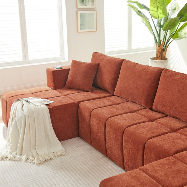 English Elm 132" U-shaped Chenille Cloud Sectional Plush Modular Lounge Sofa with Cup Holders Orange W5802S00015