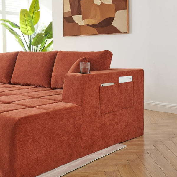English Elm 132" U-shaped Chenille Cloud Sectional Plush Modular Lounge Sofa with Cup Holders Orange W5802S00015