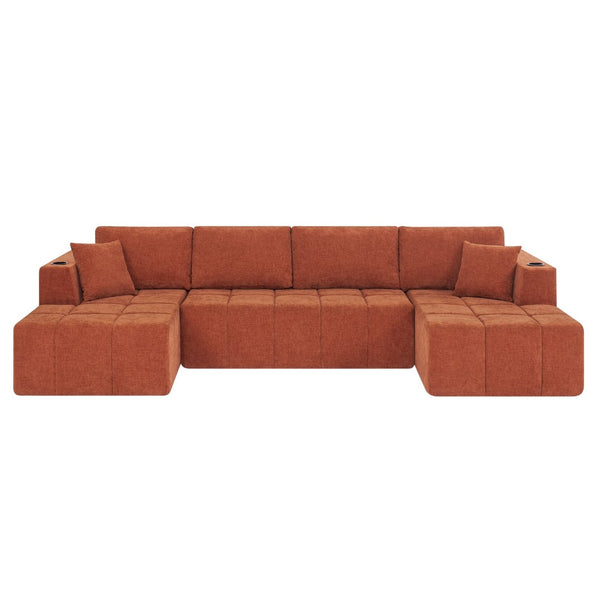 English Elm 132" U-shaped Chenille Cloud Sectional Plush Modular Lounge Sofa with Cup Holders Orange W5802S00015