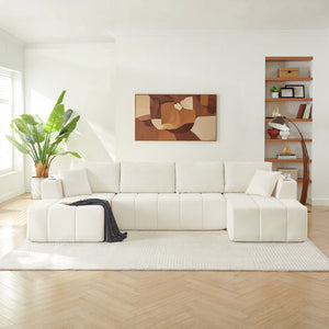 English Elm 132" U-shaped Chenille Cloud Sectional Plush Modular Lounge Sofa with Cup Holders Beige W5802S00016