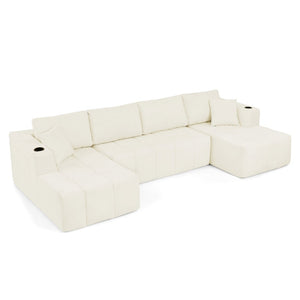 English Elm 132" U-shaped Chenille Cloud Sectional Plush Modular Lounge Sofa with Cup Holders Beige W5802S00016