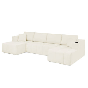 English Elm 132" U-shaped Chenille Cloud Sectional Plush Modular Lounge Sofa with Cup Holders Beige W5802S00016