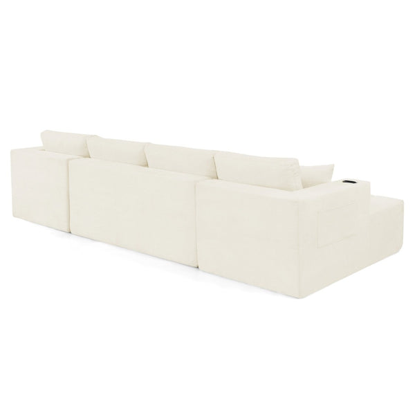 English Elm 132" U-shaped Chenille Cloud Sectional Plush Modular Lounge Sofa with Cup Holders Beige W5802S00016