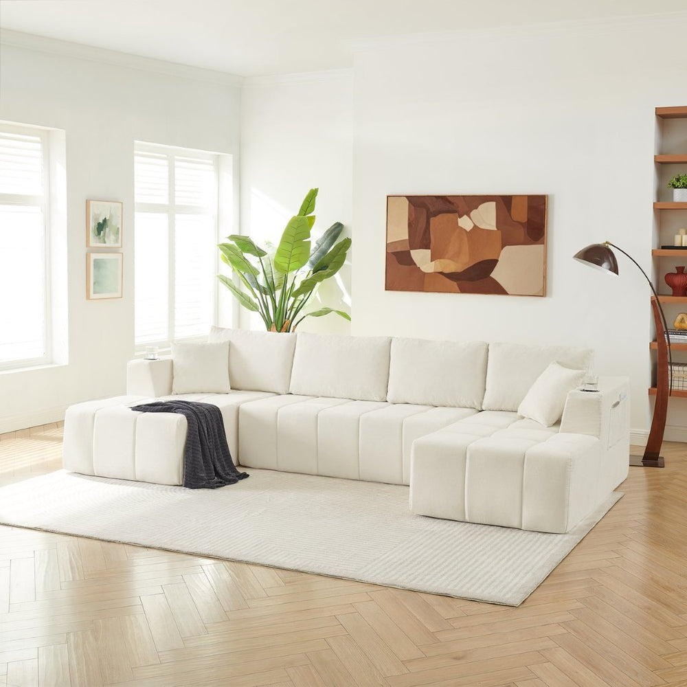 English Elm 132" U-shaped Chenille Cloud Sectional Plush Modular Lounge Sofa with Cup Holders Beige W5802S00016