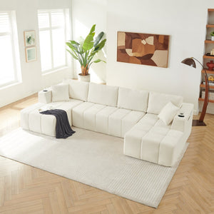 English Elm 132" U-shaped Chenille Cloud Sectional Plush Modular Lounge Sofa with Cup Holders Beige W5802S00016