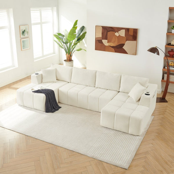 English Elm 132" U-shaped Chenille Cloud Sectional Plush Modular Lounge Sofa with Cup Holders Beige W5802S00016
