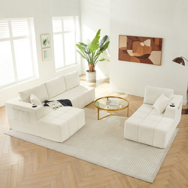 English Elm 132" U-shaped Chenille Cloud Sectional Plush Modular Lounge Sofa with Cup Holders Beige W5802S00016