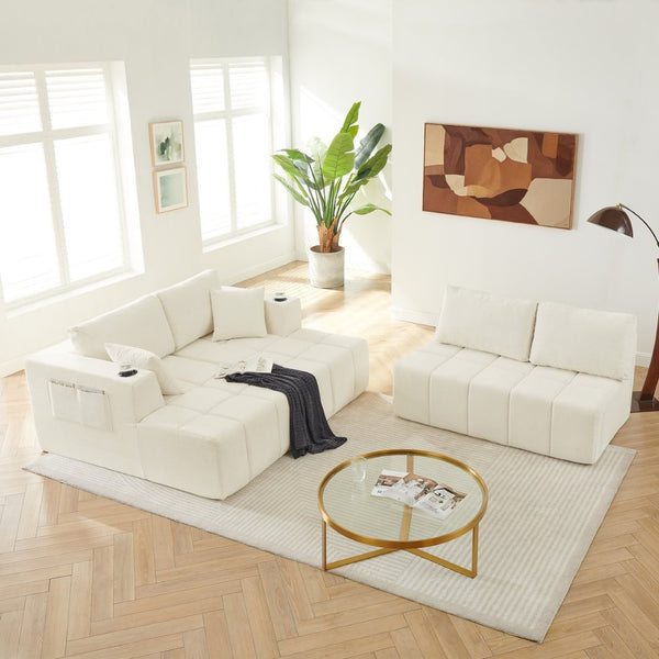 English Elm 132" U-shaped Chenille Cloud Sectional Plush Modular Lounge Sofa with Cup Holders Beige W5802S00016
