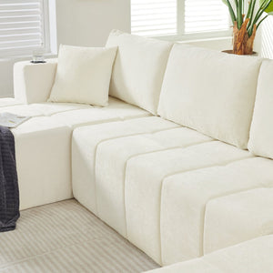 English Elm 132" U-shaped Chenille Cloud Sectional Plush Modular Lounge Sofa with Cup Holders Beige W5802S00016