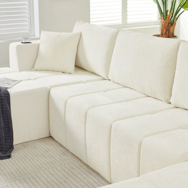 English Elm 132" U-shaped Chenille Cloud Sectional Plush Modular Lounge Sofa with Cup Holders Beige W5802S00016